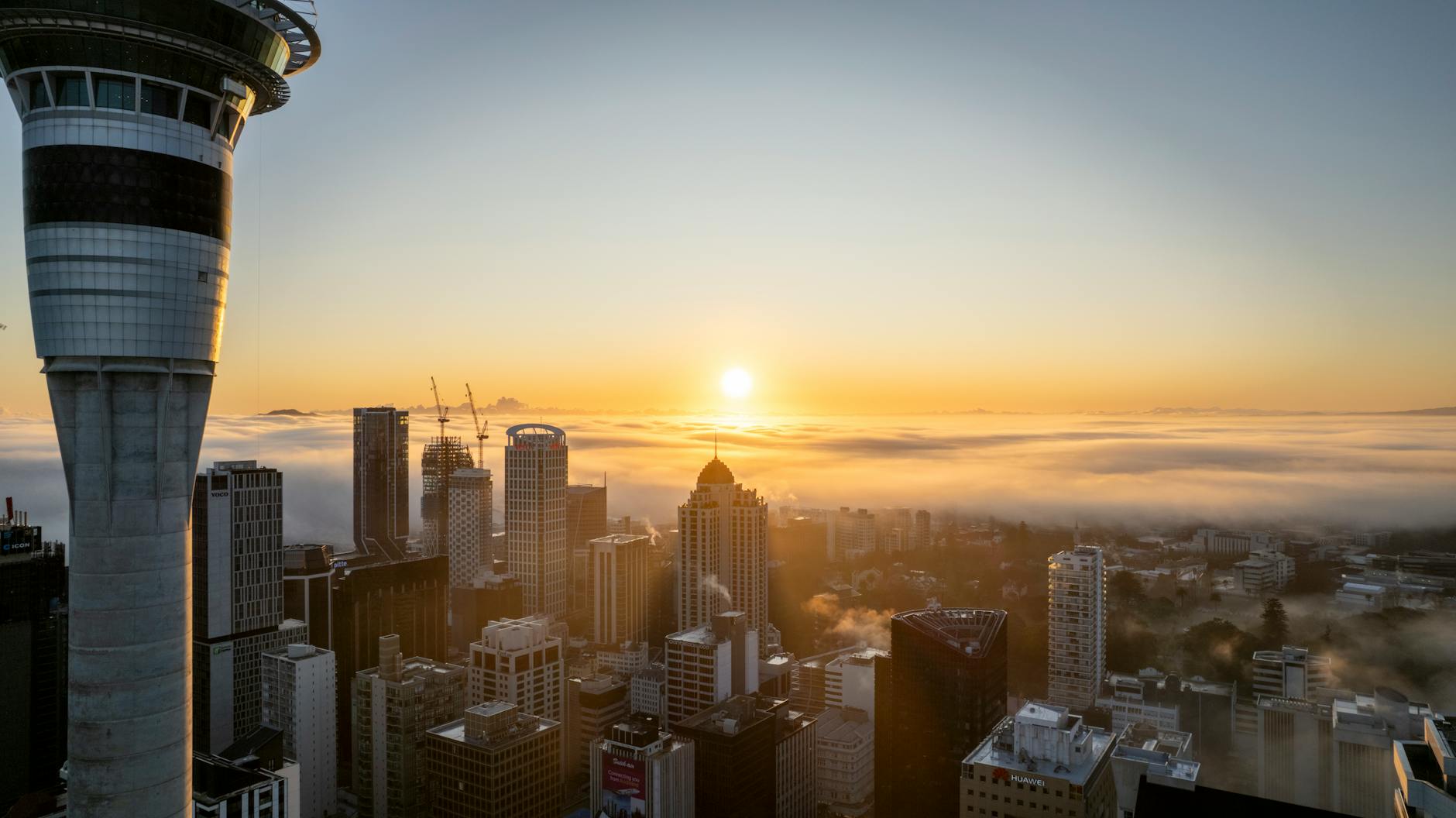 Skyline of Auckland with modern skyscrapers and natural landscapes.