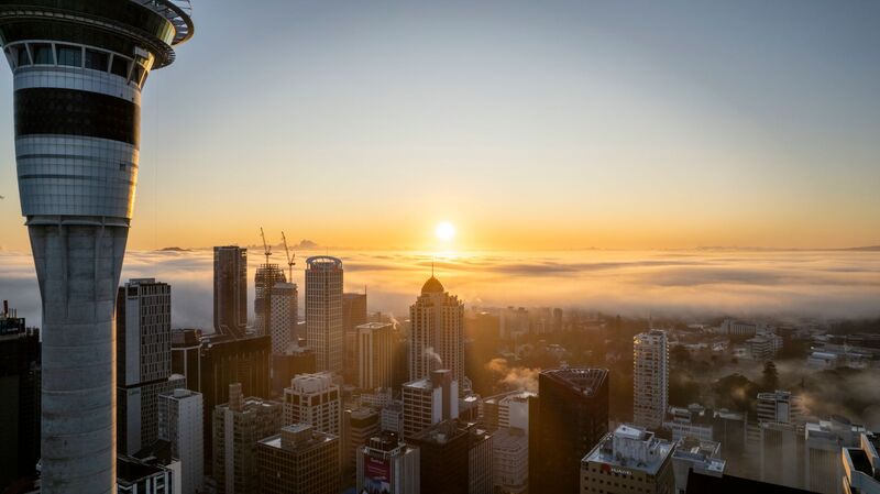 Auckland CBD city skyline at dusk, downtown Auckland